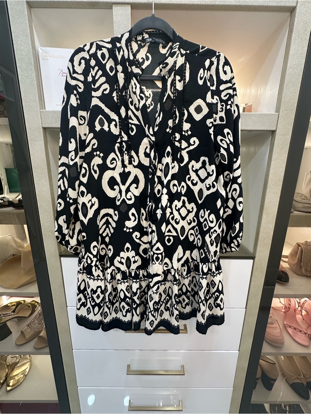 Zara Black and Cream Printed Dress Size large